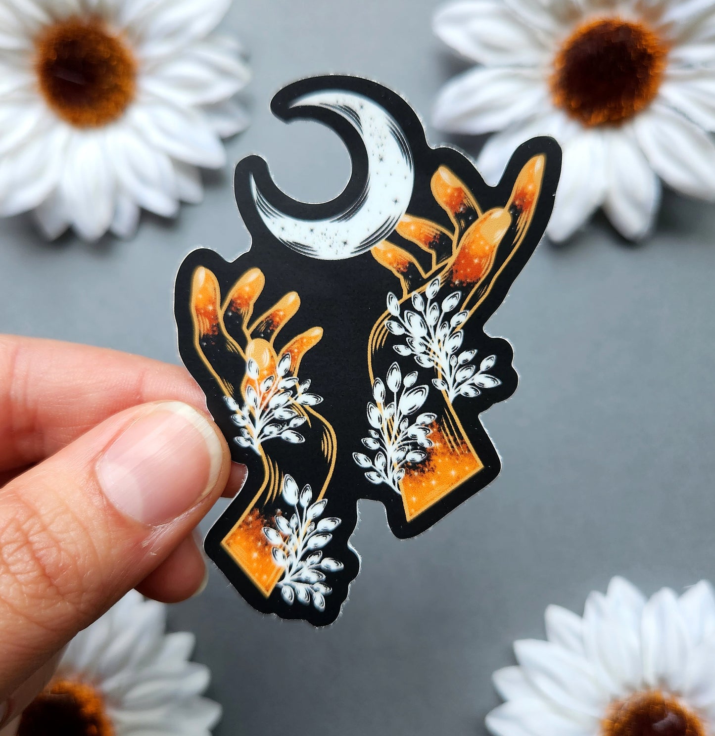 Orange Hand's With a Half Moon 2.1x3-inch Sticker