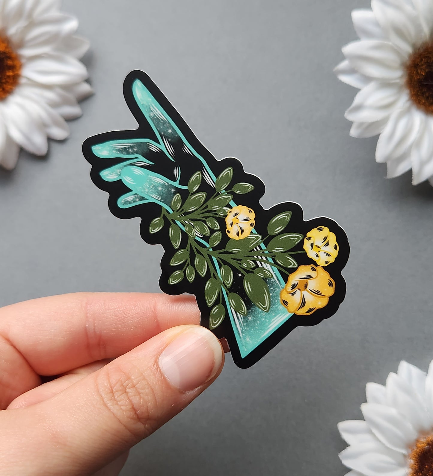 Turquoise Hand With Orange Flowers 2.8x3-inch Matte Sticker