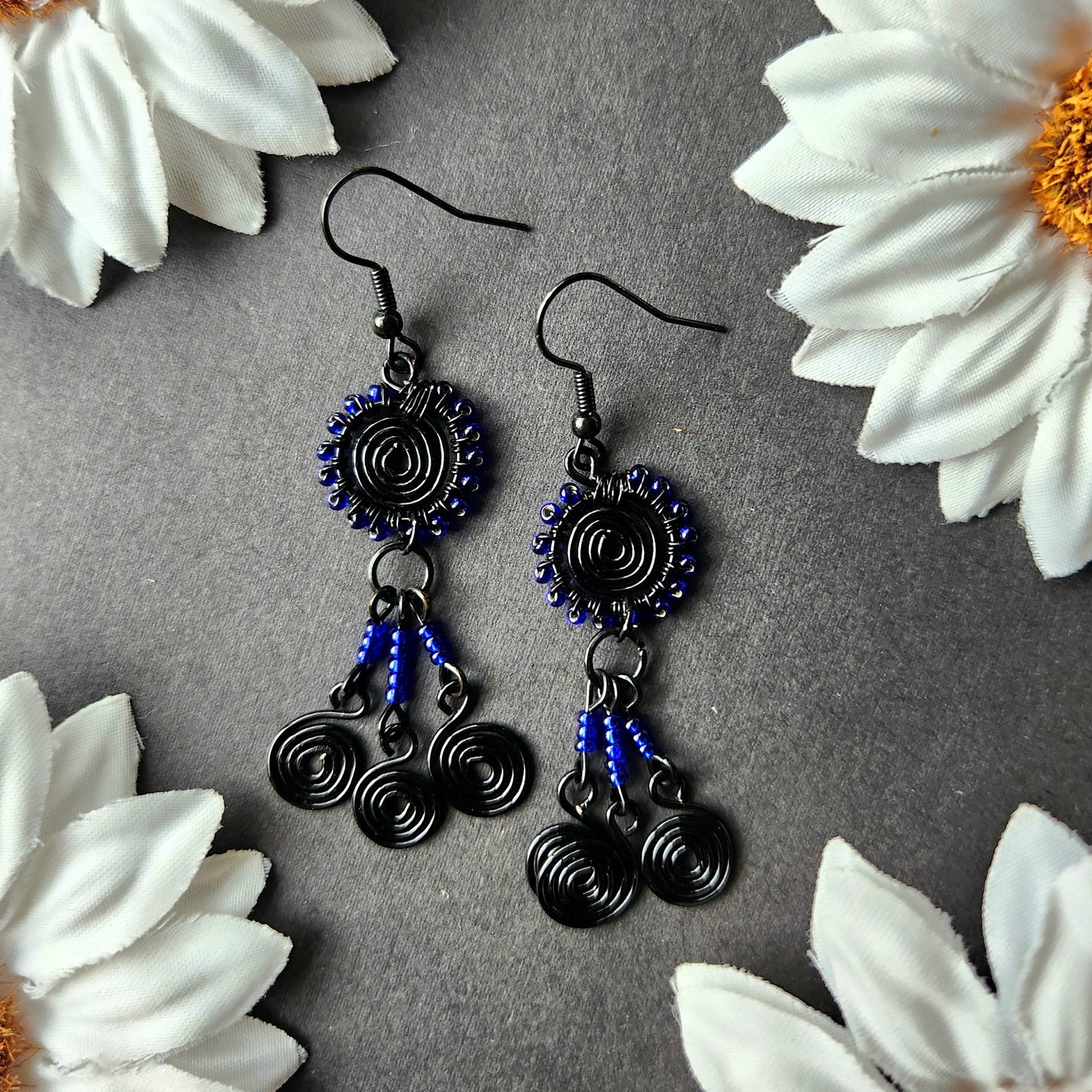 Black Plaited Wrapped Earrings With Dark Blue Glass Beads