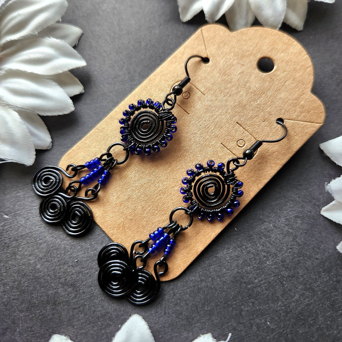 Black Plaited Wrapped Earrings With Dark Blue Glass Beads