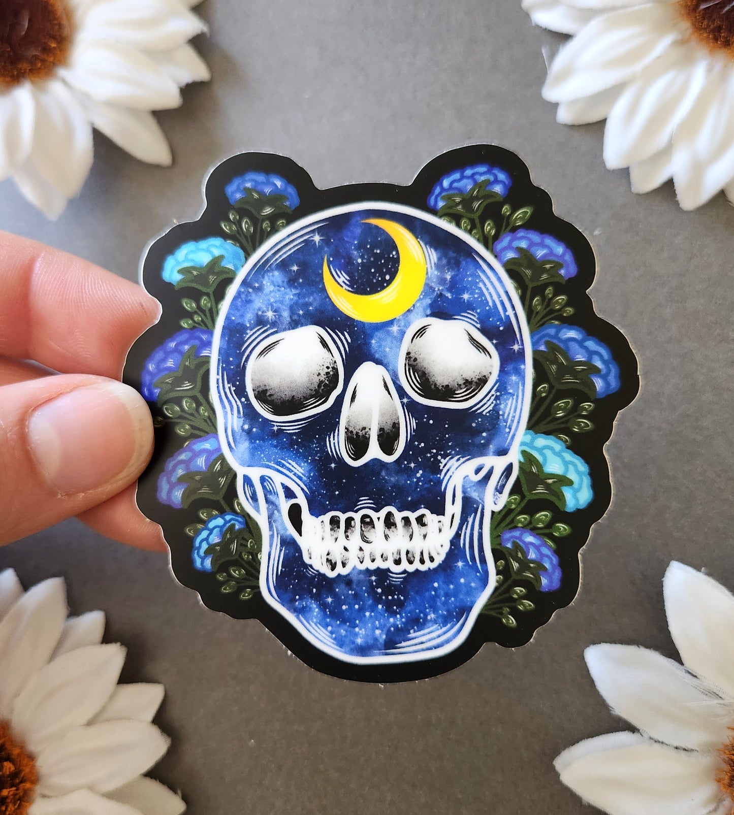 Blue Galaxy Human Skull with Flowers Matte 2.9×3-inch Sticker