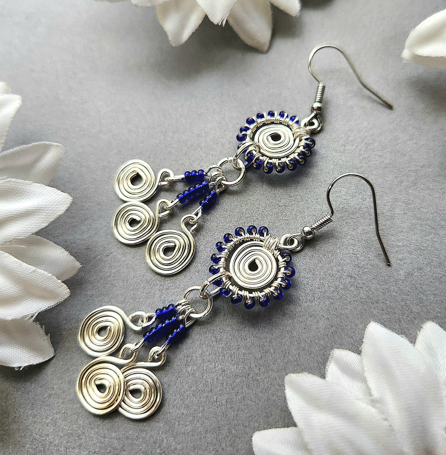Silver Plaited Wrapped Earrings With Dark Blue Glass Beads