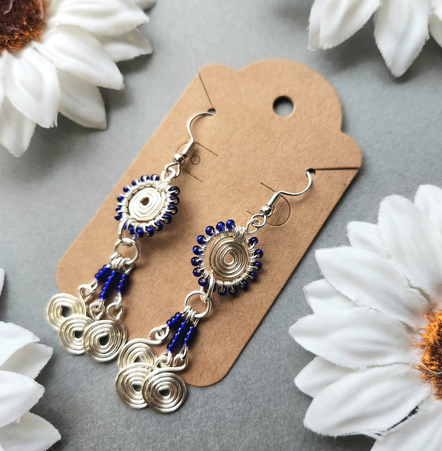 Silver Plaited Wrapped Earrings With Dark Blue Glass Beads