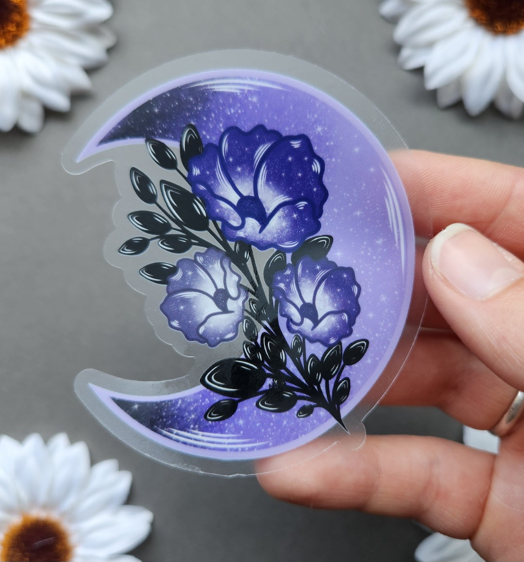 Purple Moon With Poppies Matte 2.9x3-inch Clear Sticker