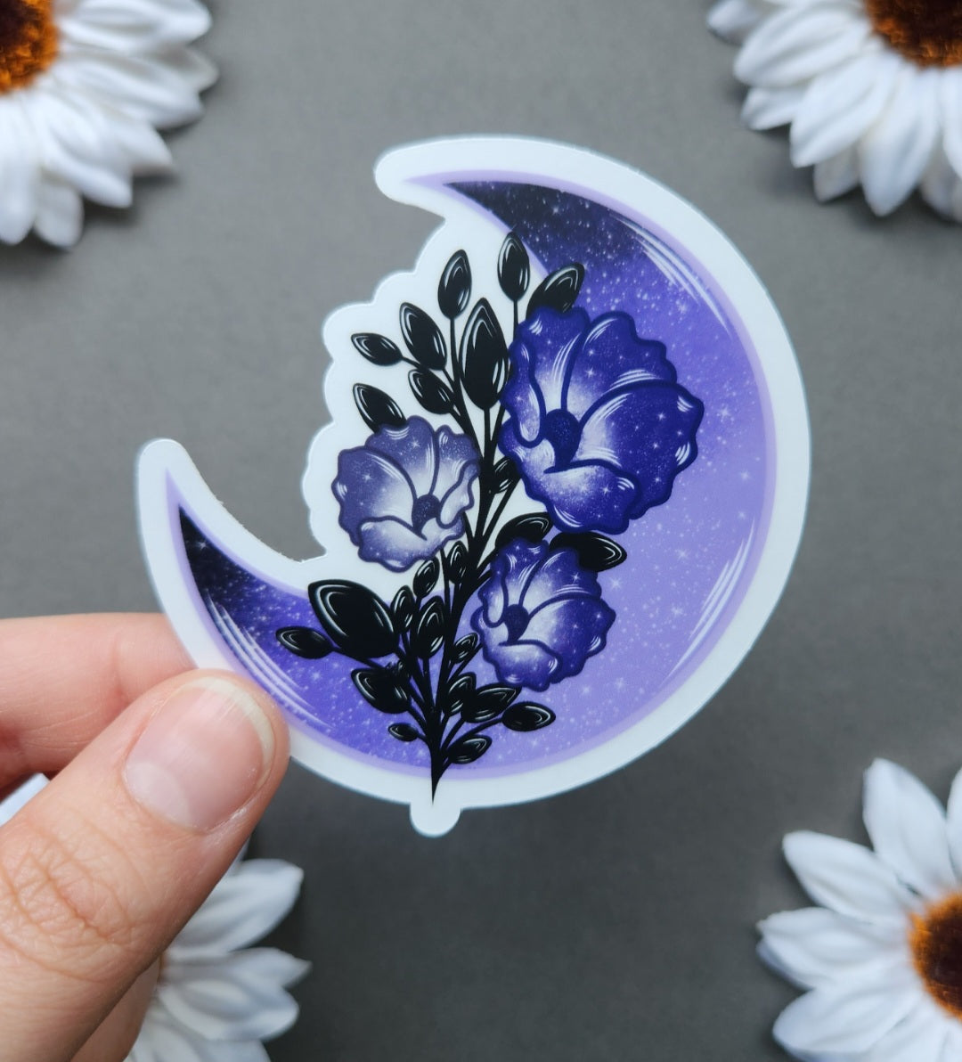 Purple Moon With Poppies Matte 2.9x3-inch Clear Sticker
