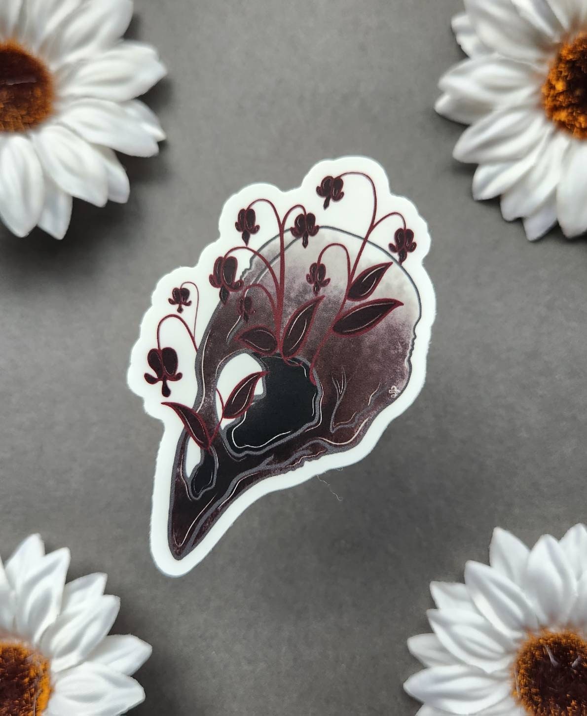 Red Bleeding Heart Crow Skull 2.2×3-inch Matte Sticker