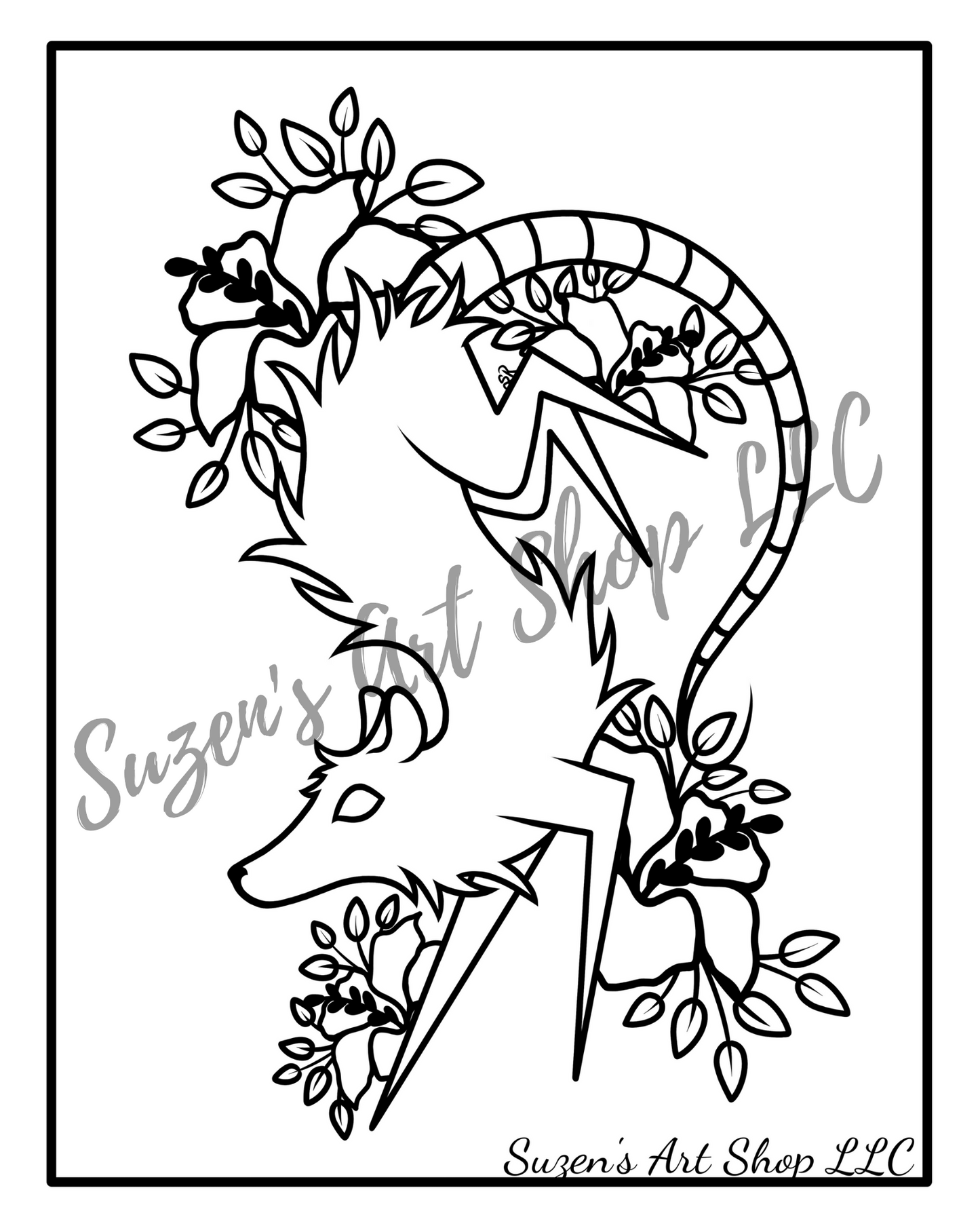 Possum and Lilies 8×10-inch Digital Download Coloring Page