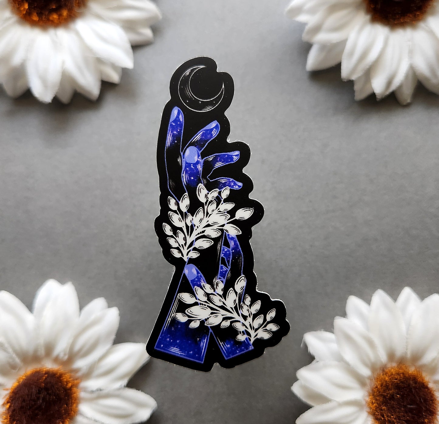 Blue Hands With a Half Moon 1.4x3-inch Sticker