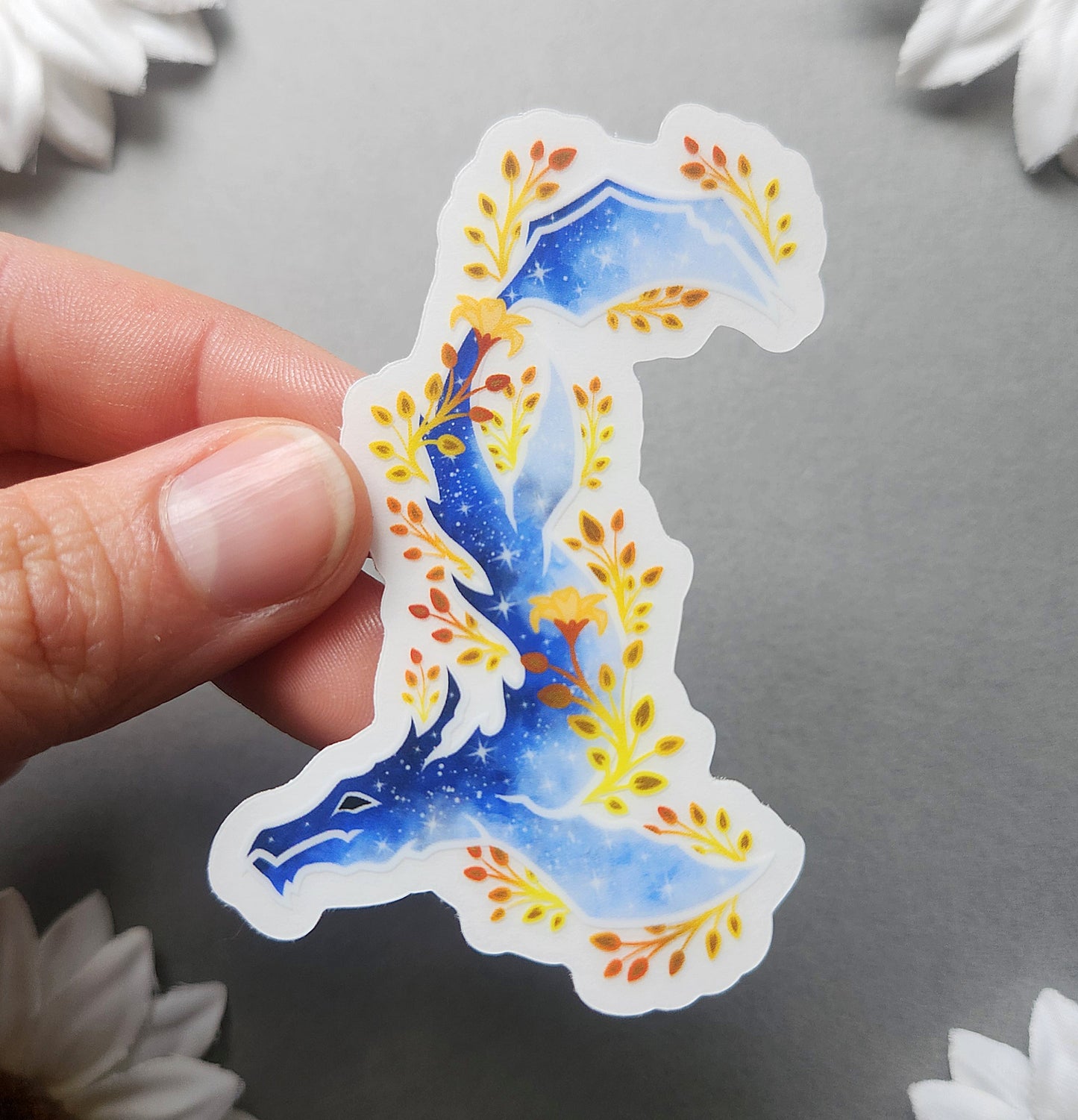 Blue and Gold Flower Galaxy Dragon 2.1×3-Inch Clear Vinyl Matte Sticker