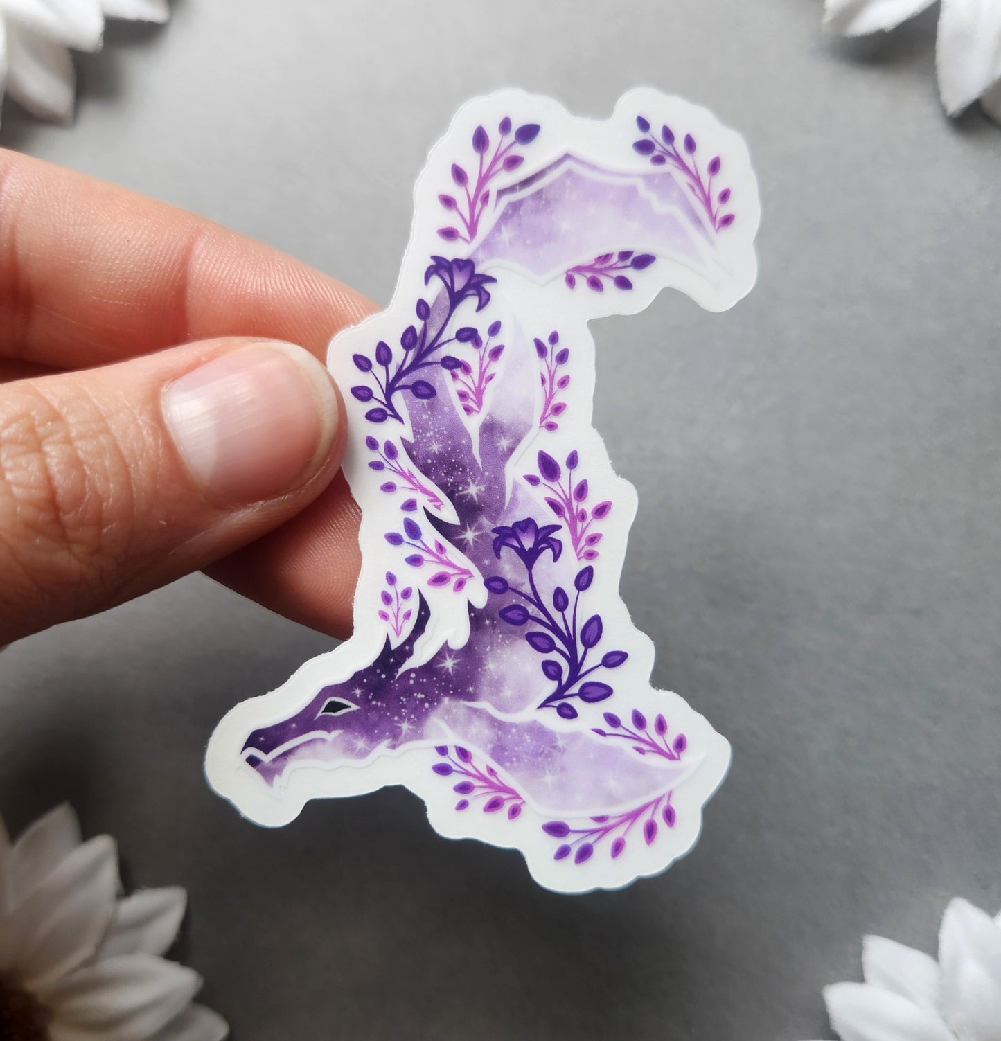 Purple and Pink Flower Galaxy Dragon 2.1×3-Inch Clear Vinyl Matte Sticker