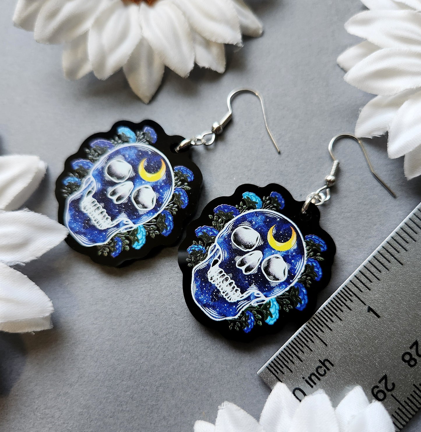 Blue Galaxy Human Skull 1.5-inch Acrylic Earrings