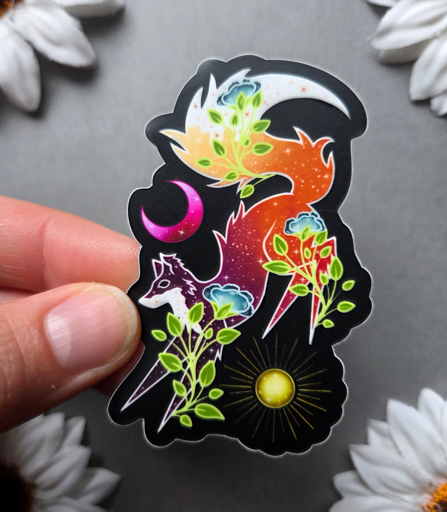Jumping Moon and Sun Fox1.9×3-Inch Matte Sticker