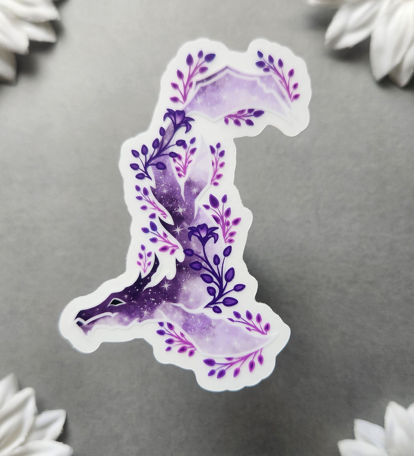 Purple and Pink Flower Galaxy Dragon 2.1×3-Inch Clear Vinyl Matte Sticker