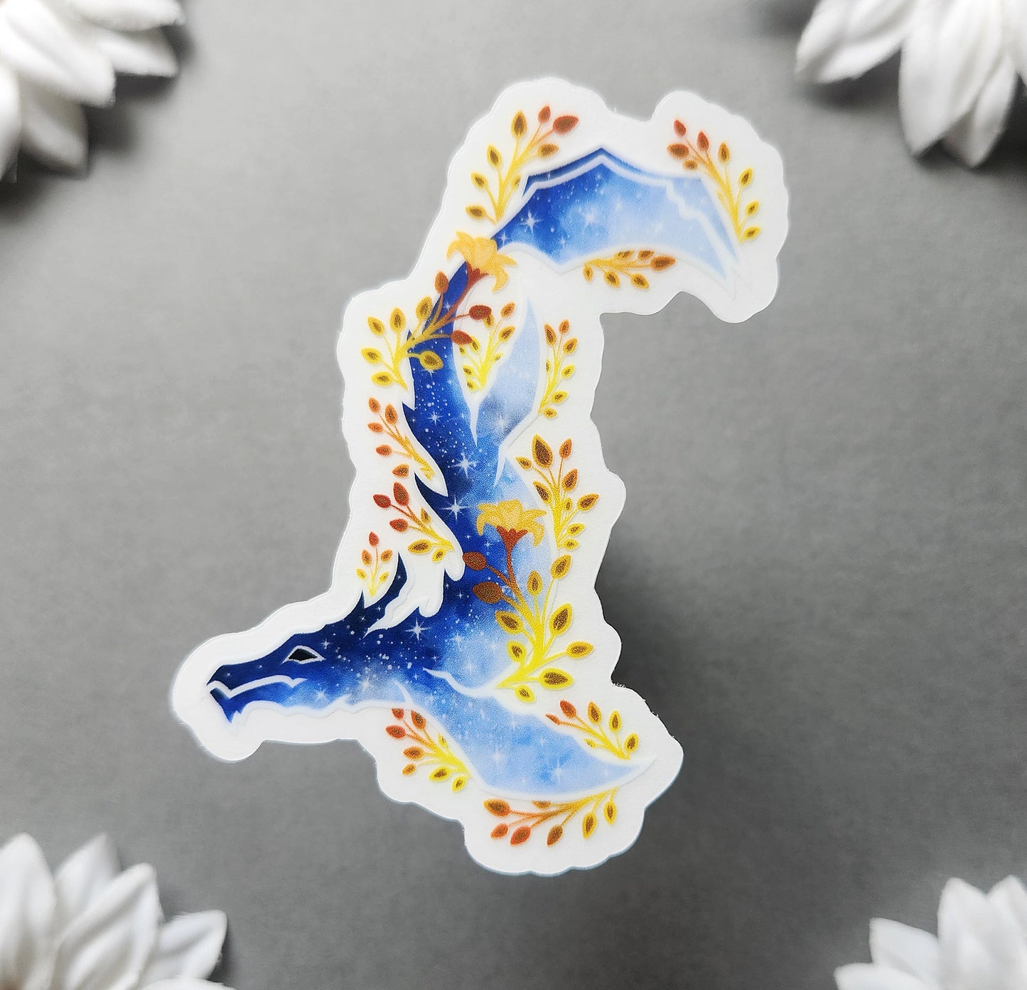 Blue and Gold Flower Galaxy Dragon 2.1×3-Inch Clear Vinyl Matte Sticker