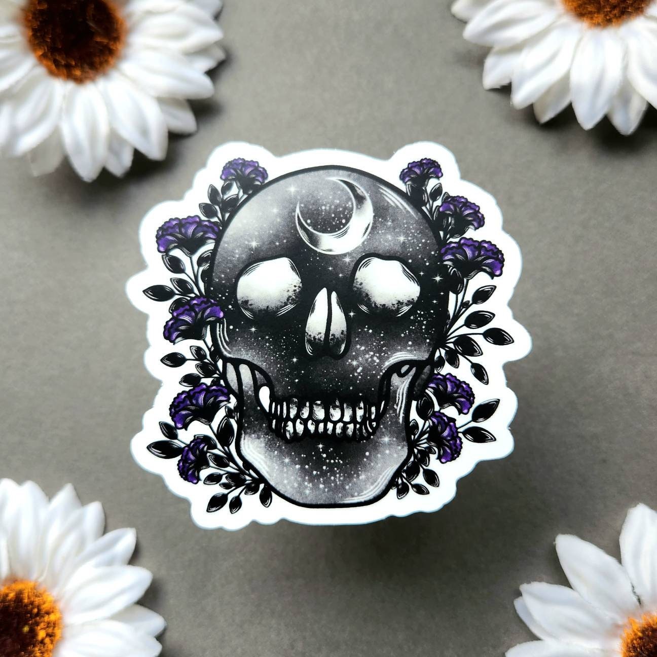 Galaxy Human Skull with Flowers Matte 3x2.9-inch Sticker