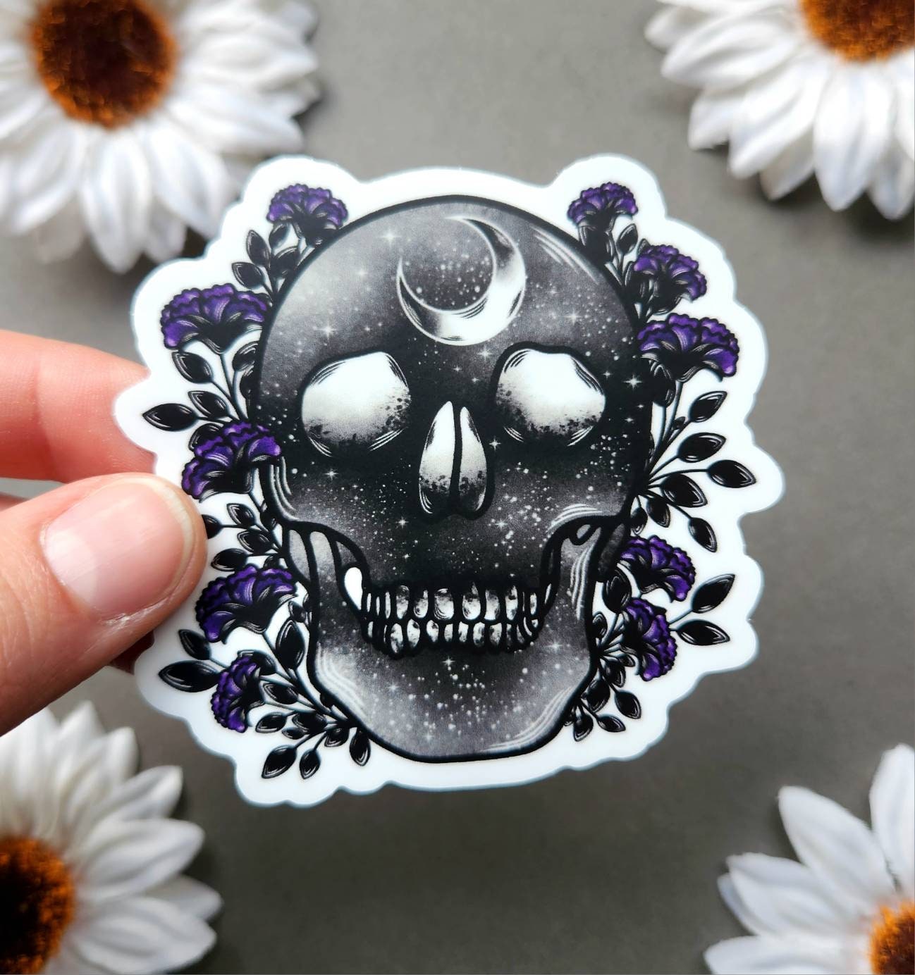 Galaxy Human Skull with Flowers Matte 3x2.9-inch Sticker