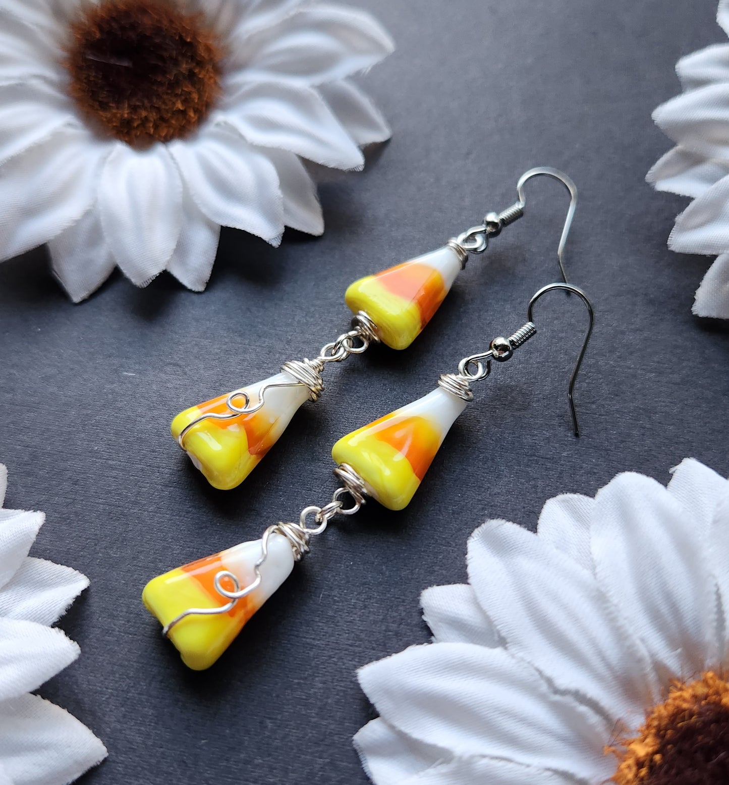 Glass Candy Corn Silver Wire Wrapped Earrings