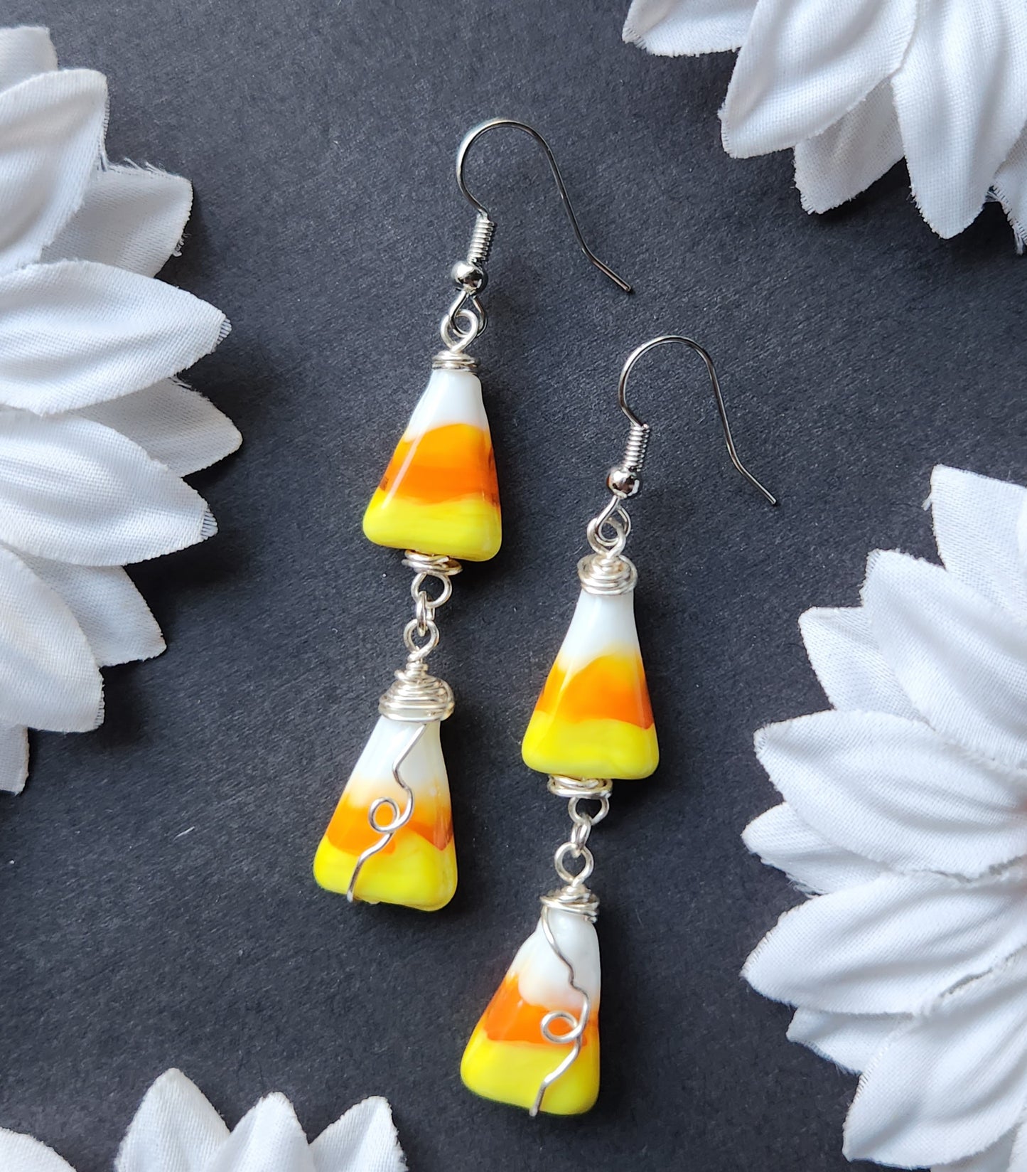 Glass Candy Corn Silver Wire Wrapped Earrings