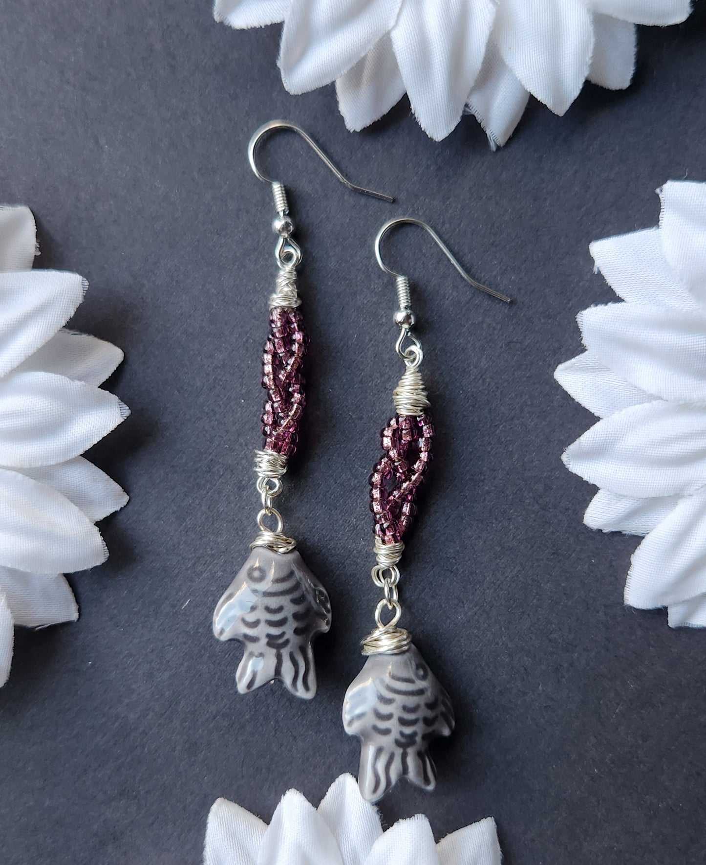 Glass Fish and Braided Purple Glass Bead Silver Wire Wrapped Earrings