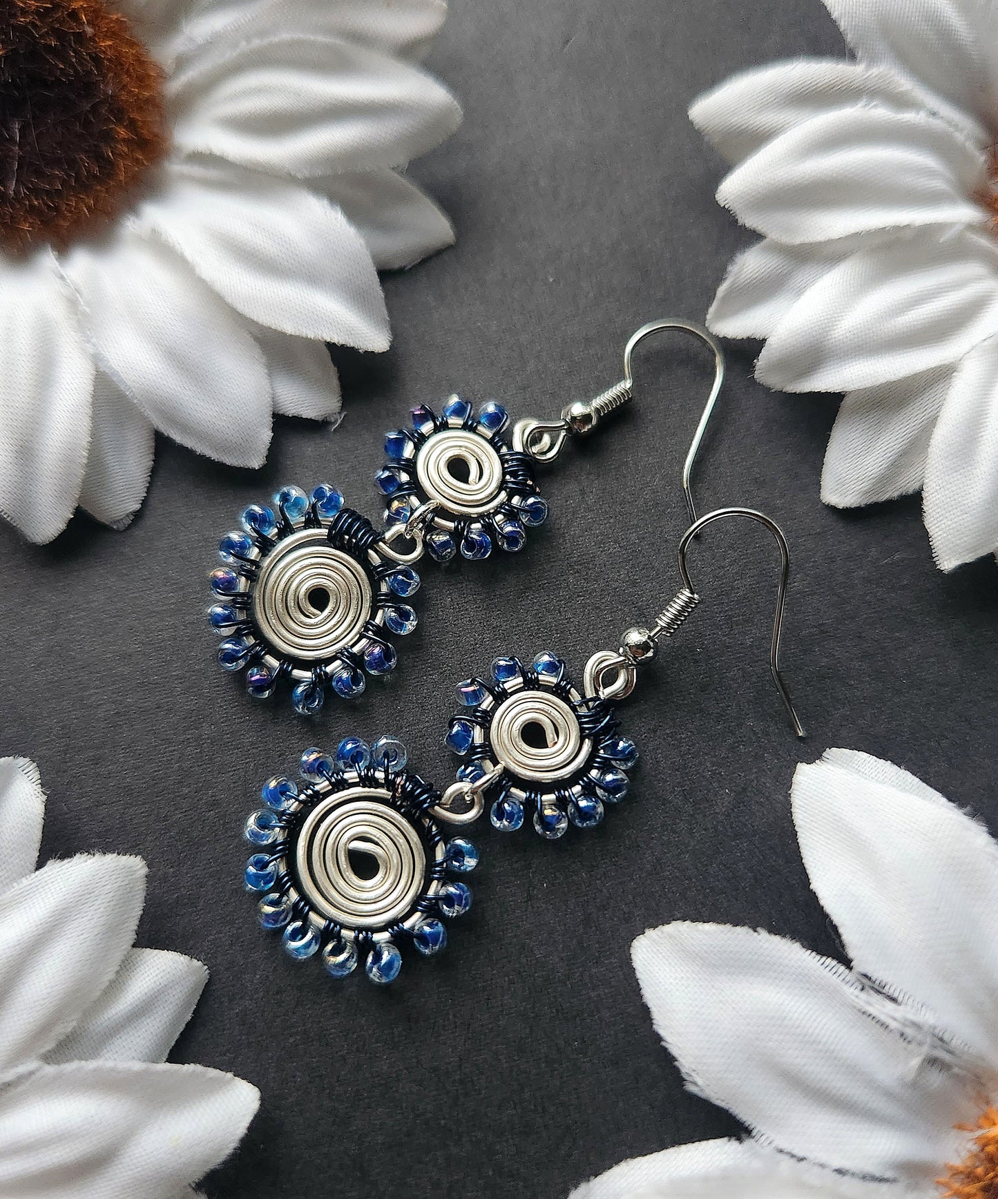 Silver and Blue Plaited Spiral Wire Wrapped Earrings With Blue Glass Beads