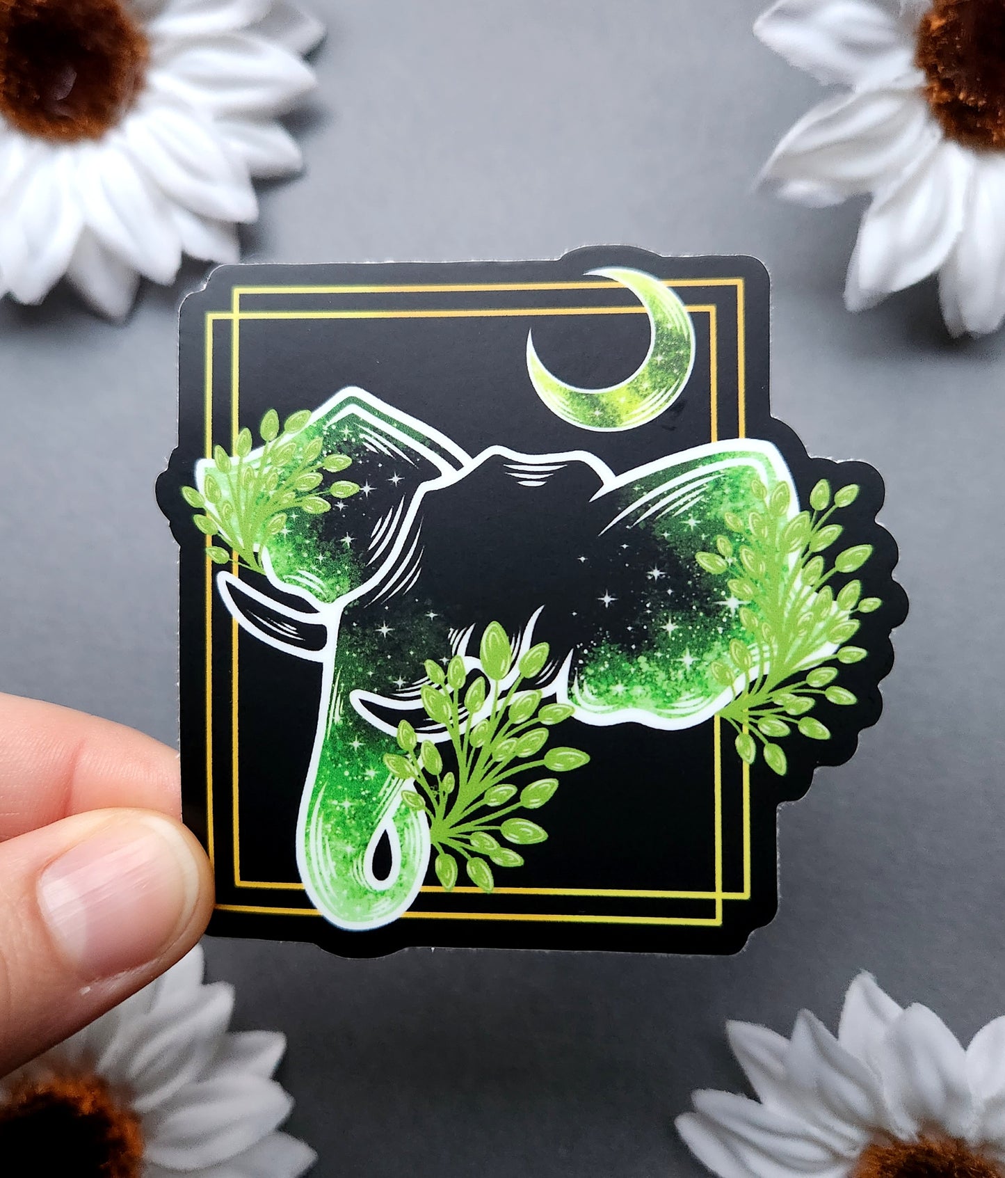 Green Galaxy Elephant with Half Moon Matte 3x2.9-inch sticker