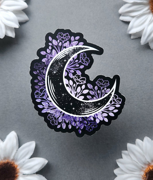 Galaxy Moon with Purple Flowers Matte 2.7x3-inch Sticker