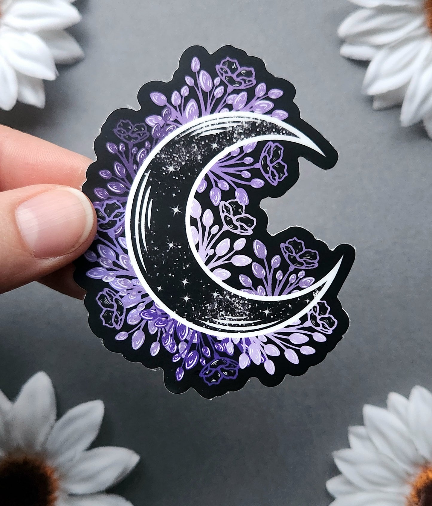 Galaxy Moon with Purple Flowers Matte 2.7x3-inch Sticker