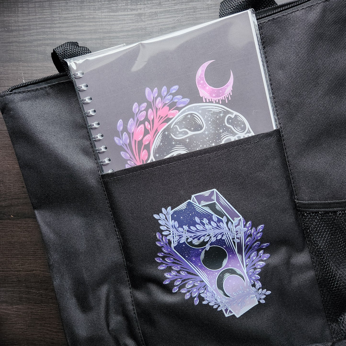 Purple Flower Moon Heat Transfer Black Shoulder Bag