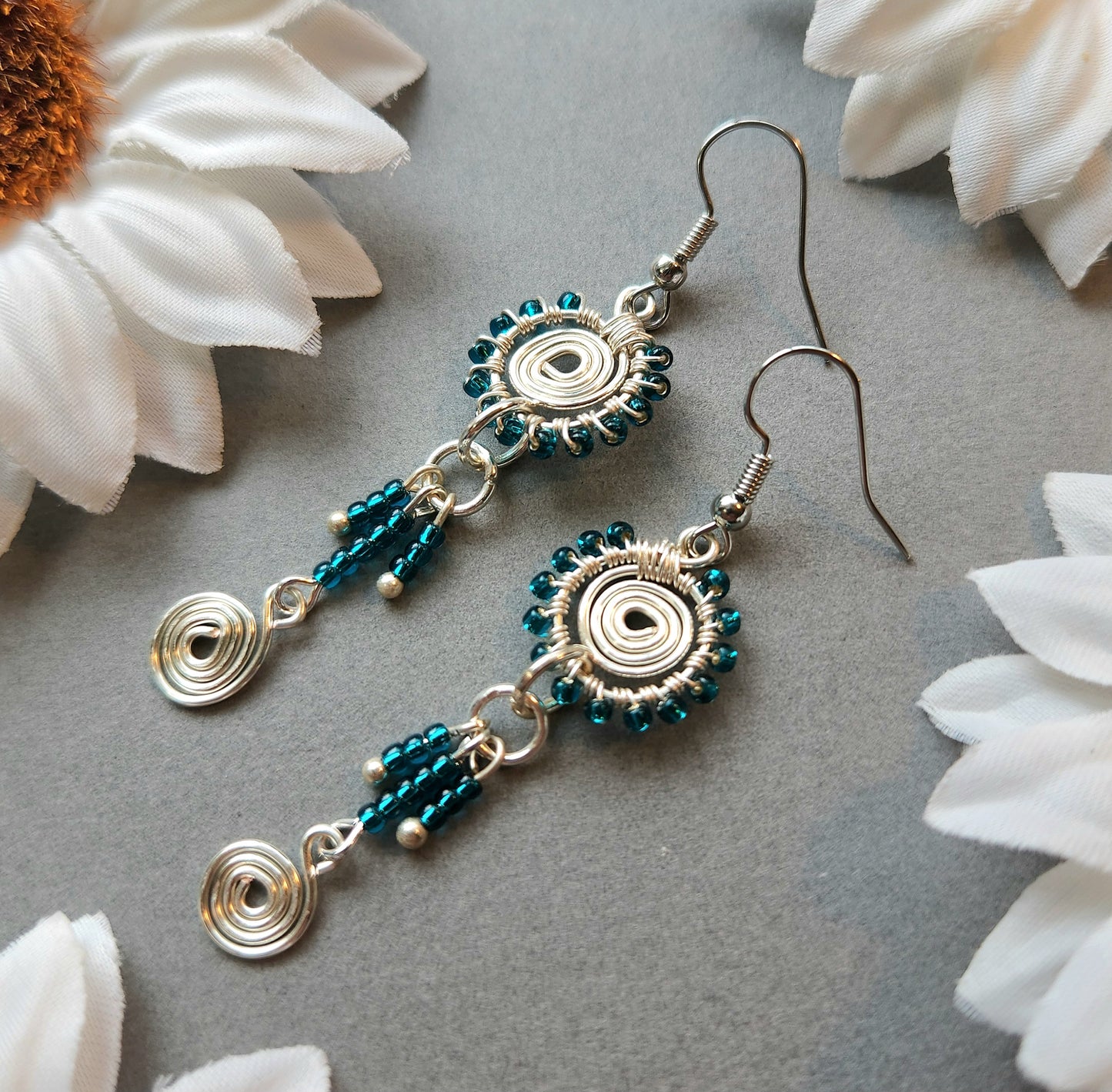 Silver Spiral Wire Wrapped Earrings With Blue Glass Beads