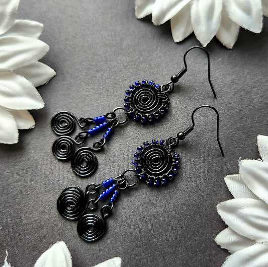 Black Plaited Wrapped Earrings With Dark Blue Glass Beads