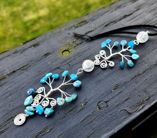 Apatite Silver Plaited Wire Wrapped Double Tree Suncatcher