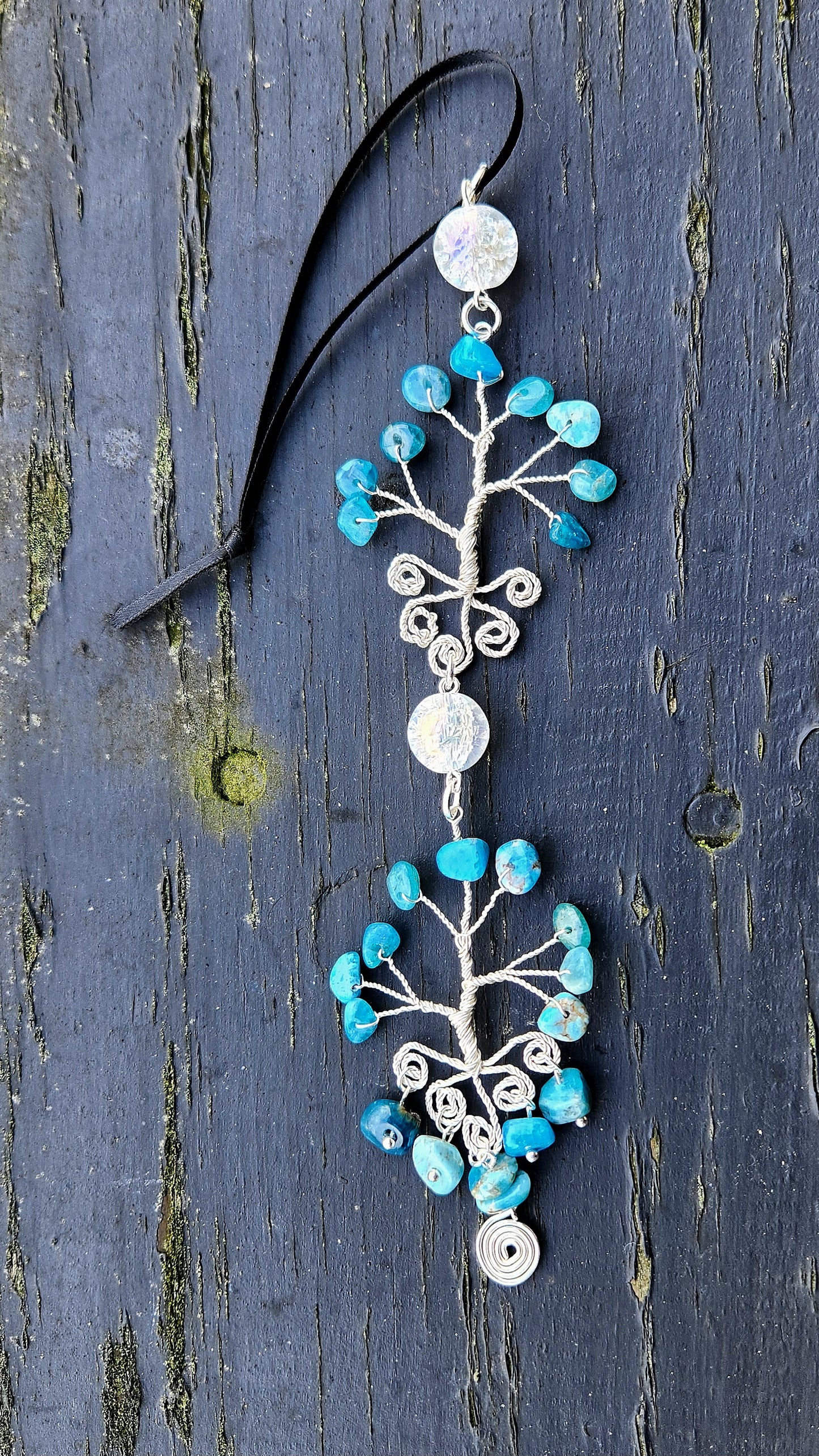 Apatite Silver Plaited Wire Wrapped Double Tree Suncatcher