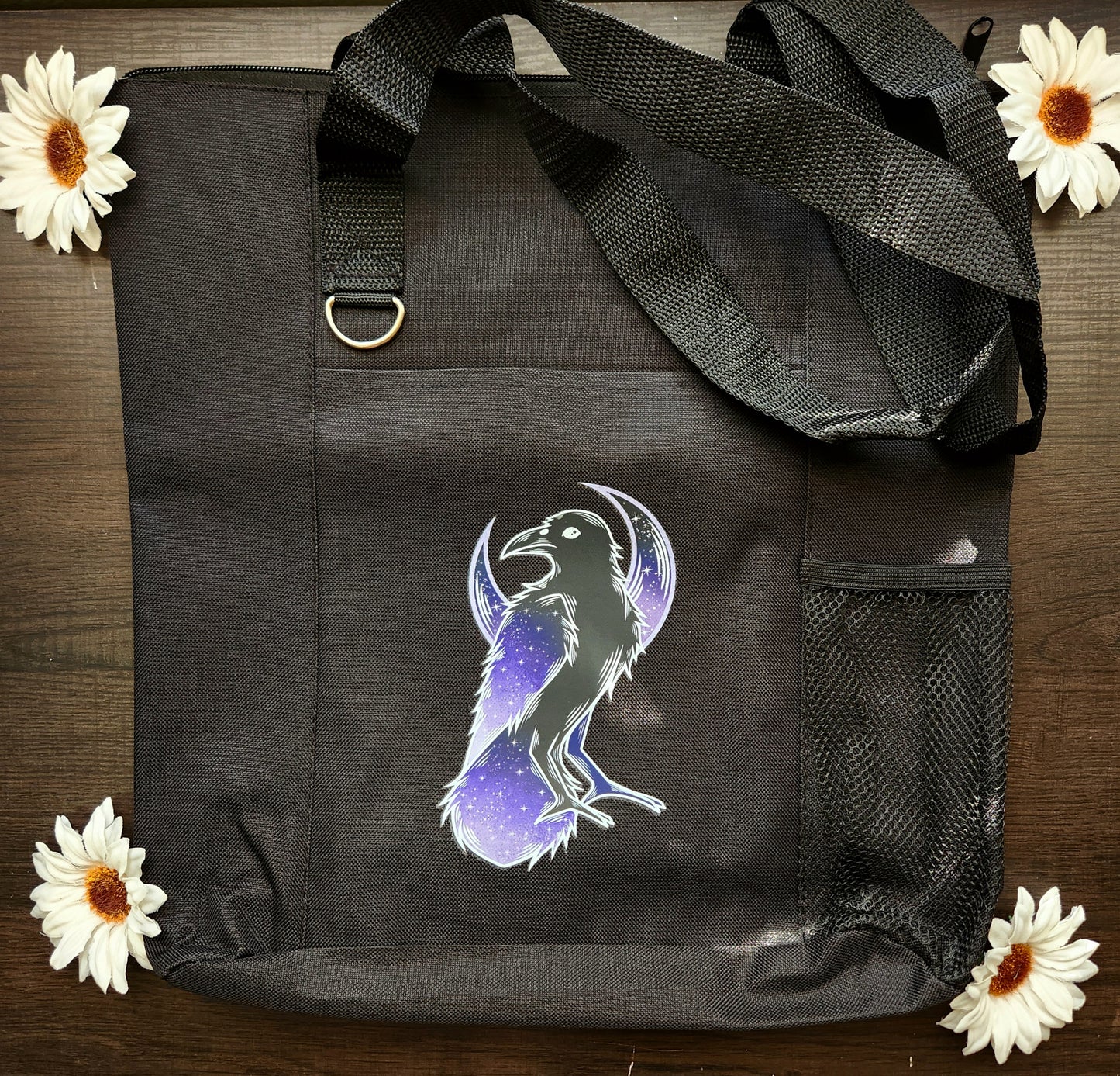 Purple Raven Heat Transfer Black Shoulder Bag