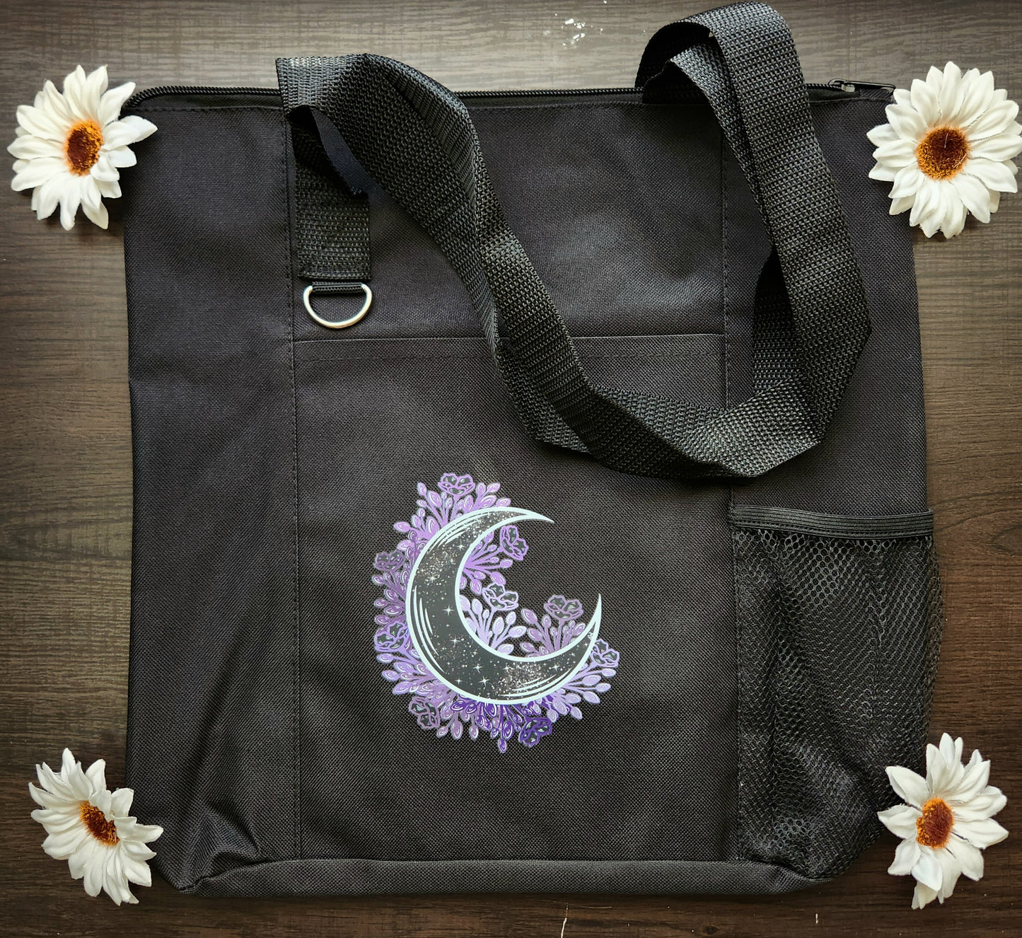 Purple Flower Moon Heat Transfer Black Shoulder Bag