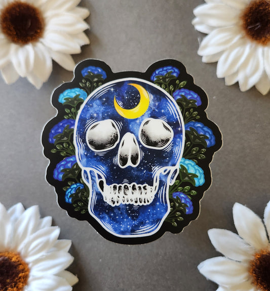 Blue Galaxy Human Skull with Flowers Matte 2.9×3-inch Sticker