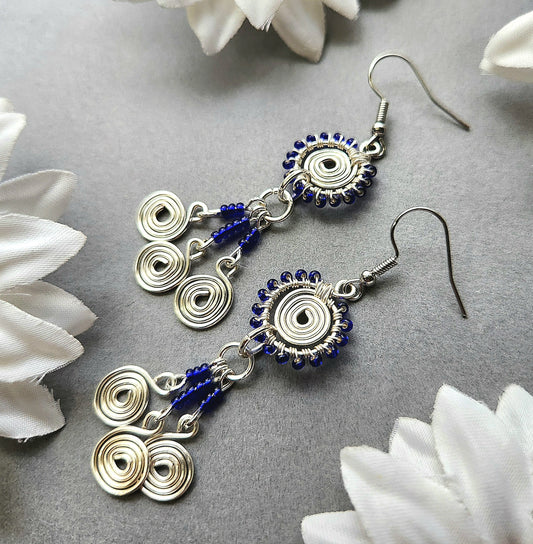Silver Plaited Wrapped Earrings With Dark Blue Glass Beads
