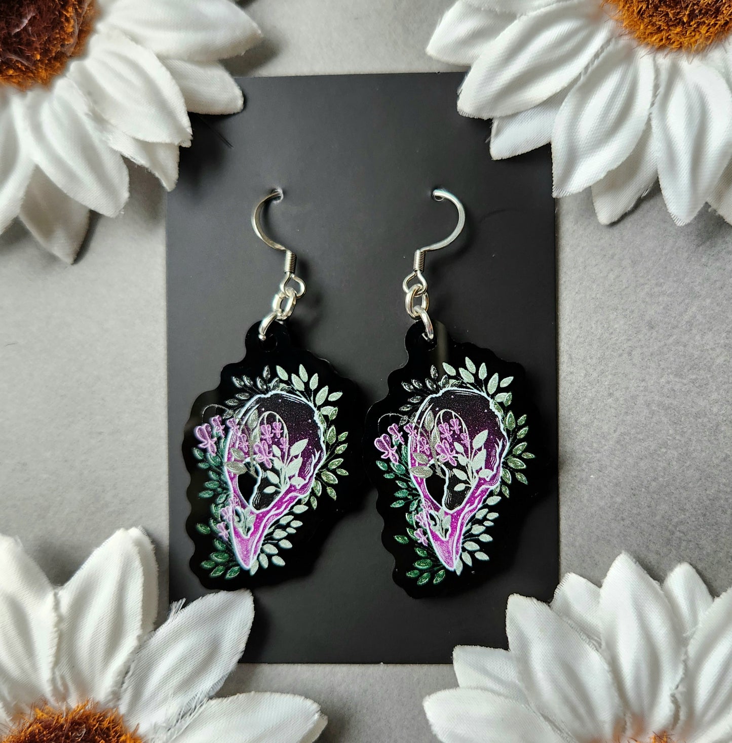 Bleeding Heart Crow Skull 1.5-inch Acrylic Earrings