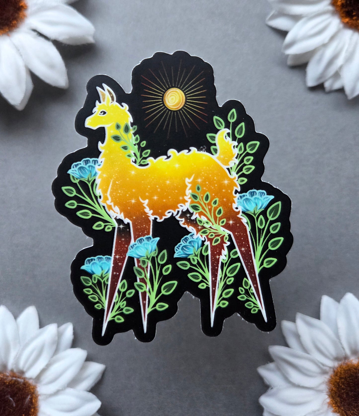 Gold Llama with Teal Flowers 2.44x3-inch Matte Sticker