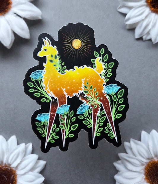 Gold Llama with Teal Flowers 2.44x3-inch Matte Sticker