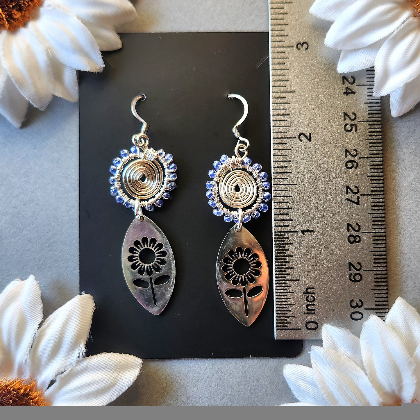 Silver Spiral Lilac Beaded Wire Wrapped Earrings with Sunflower  Charms