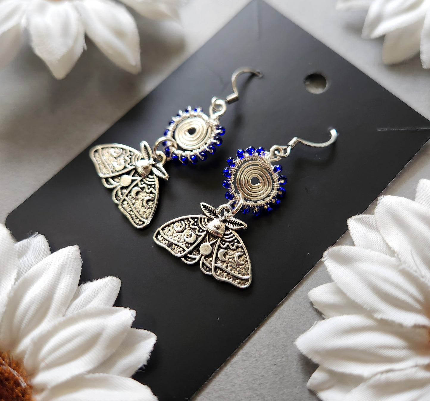 Silver Spiral Deep Blue Beaded Wire Wrapped Earrings with Moon Phase Moth Charms