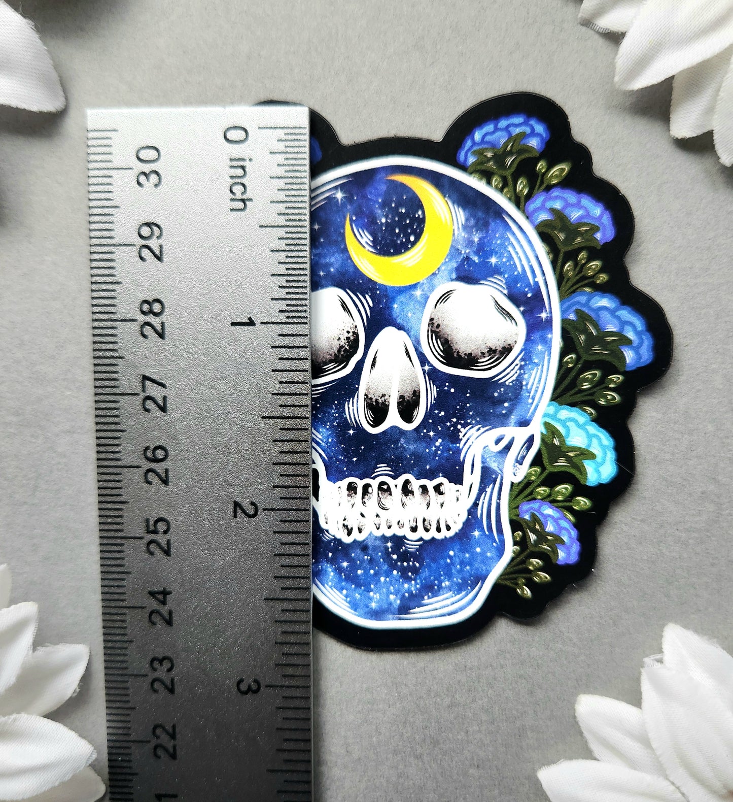 Magnet: Blue Galaxy Human Skull with Flowers Matte 2.9×3-inch Magnet