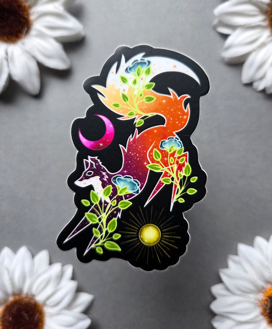 Jumping Moon and Sun Fox1.9×3-Inch Matte Sticker