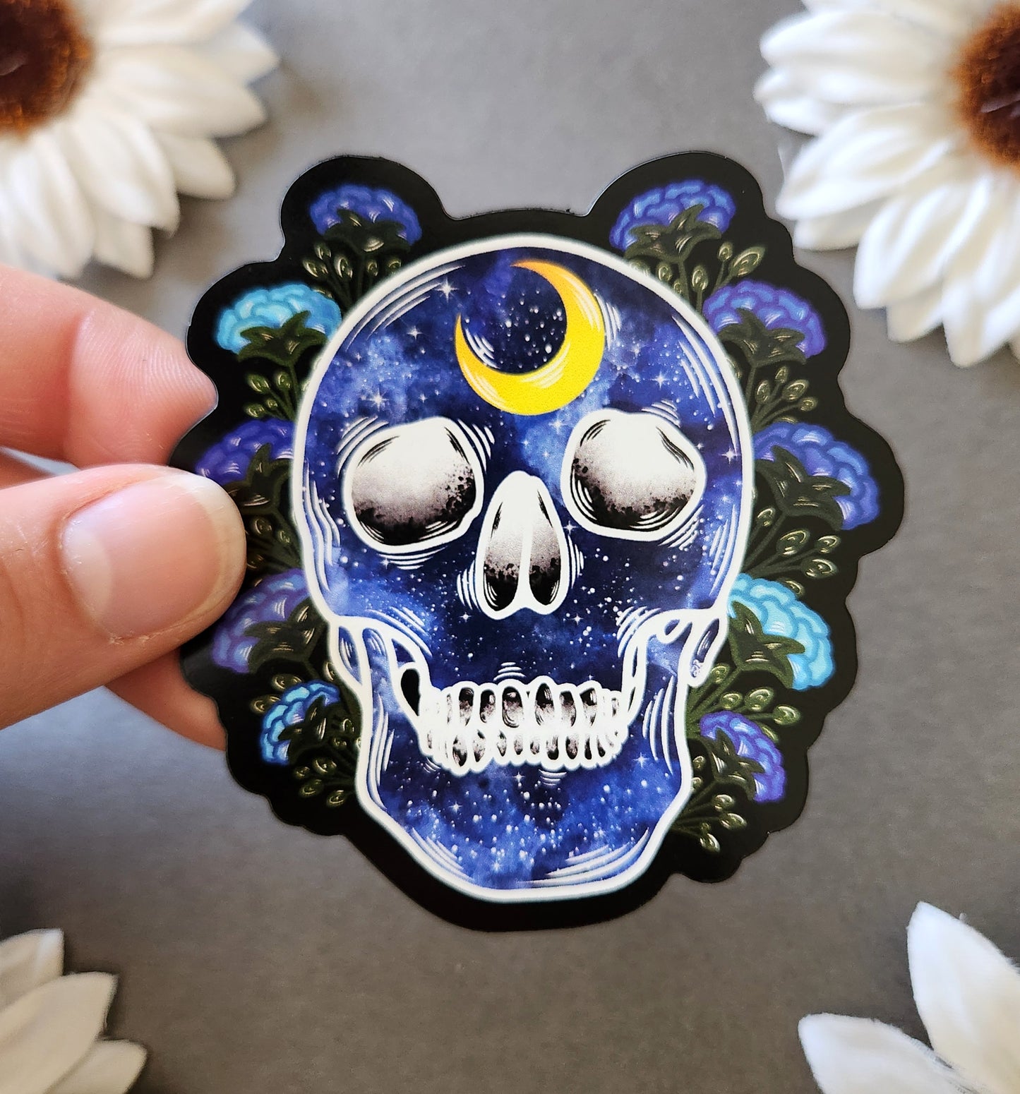 Magnet: Blue Galaxy Human Skull with Flowers Matte 2.9×3-inch Magnet