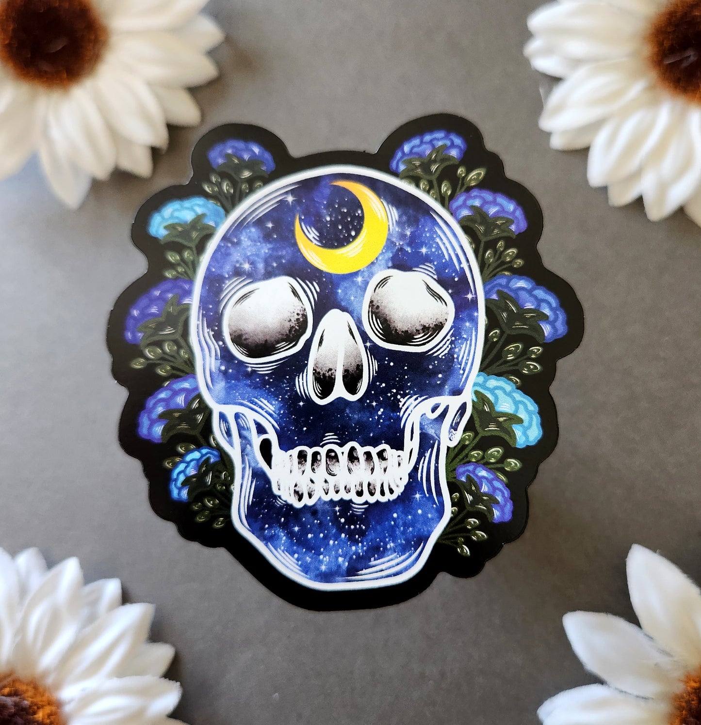 Magnet: Blue Galaxy Human Skull with Flowers Matte 2.9×3-inch Magnet