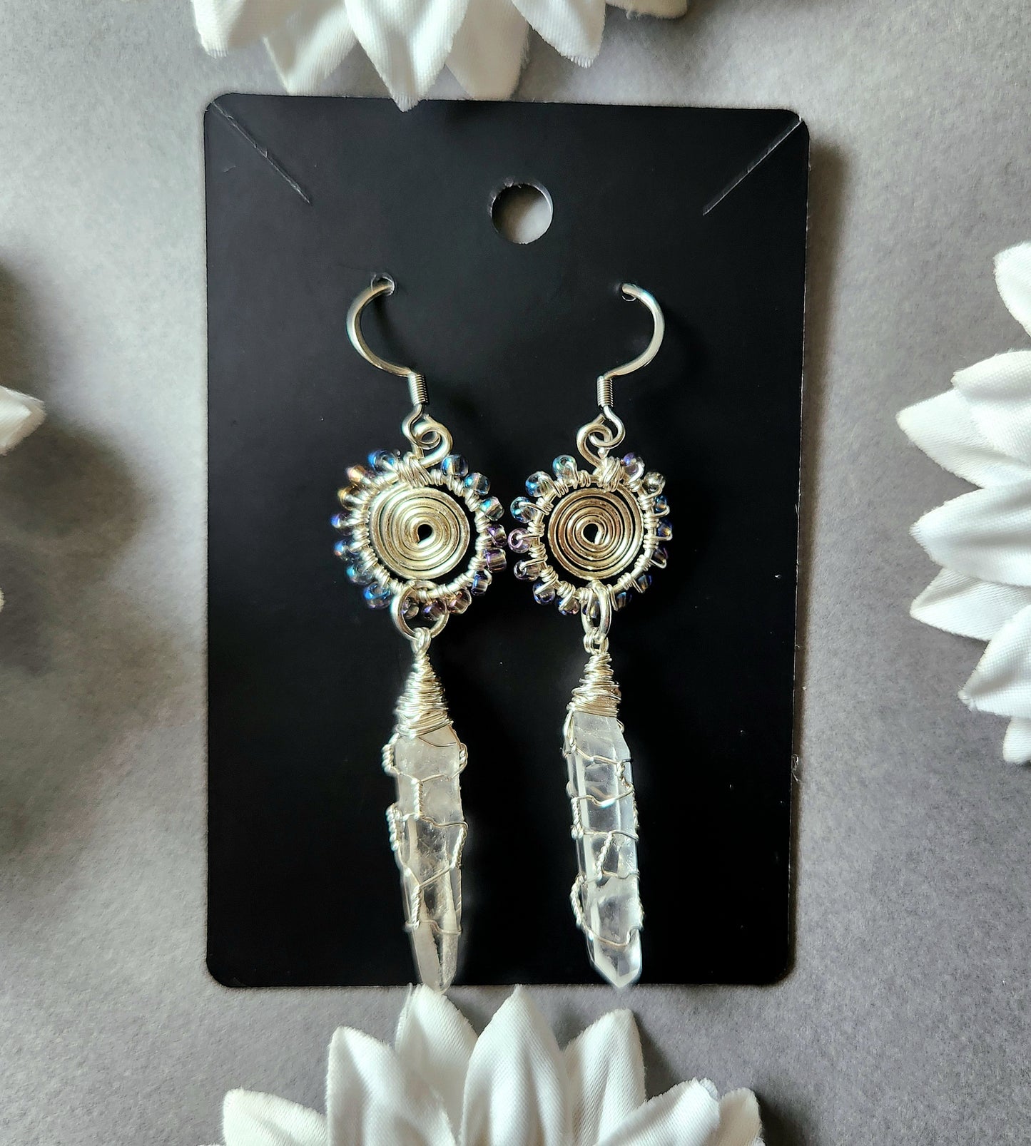 Silver Spiral Wire Wrapped Earrings With Lemurian Quartz