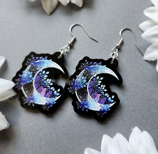 Blue and Purple Crystal Moon 1.5-inch Acrylic Earrings