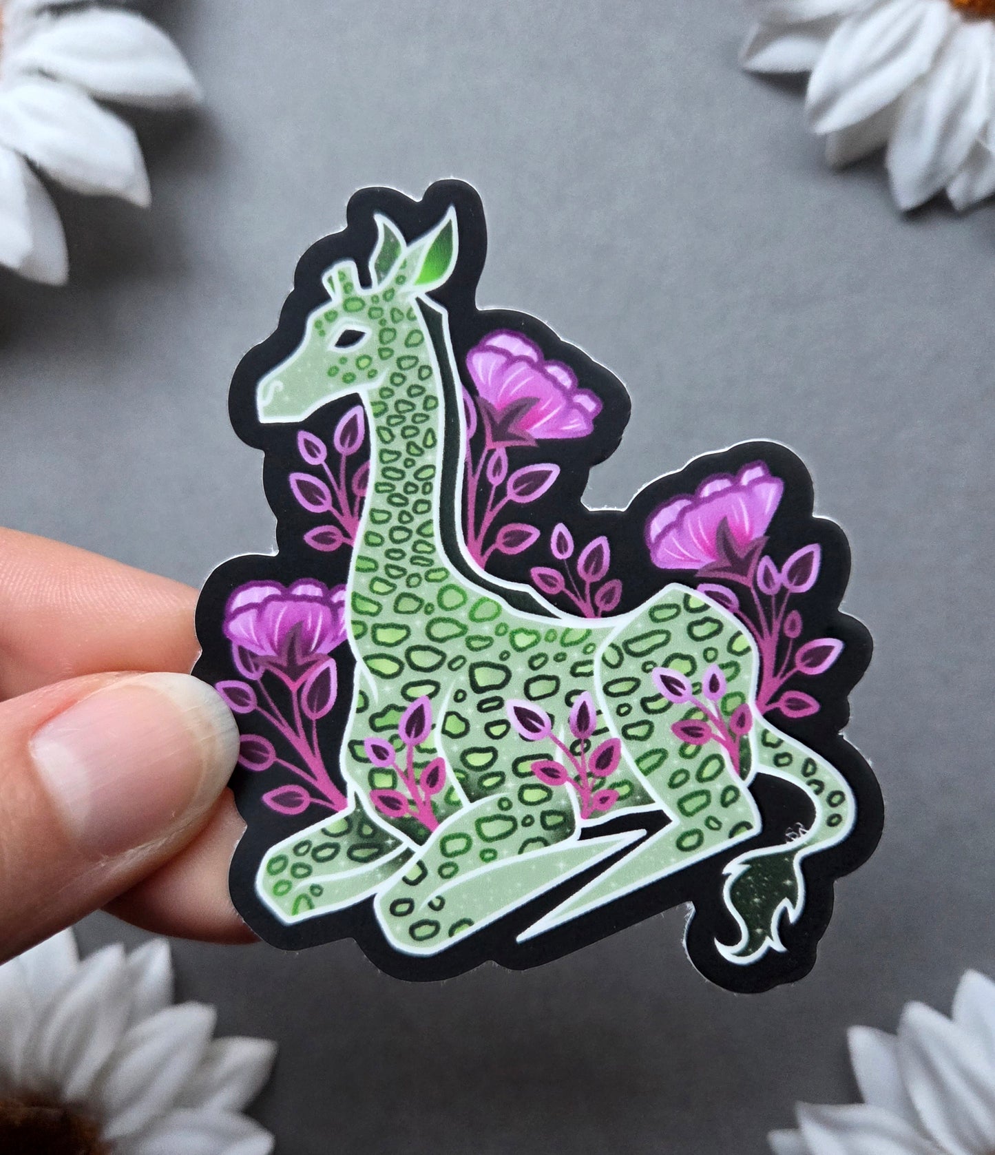Green Giraffe with Flowers 2.45x3-inch Matte Sticker