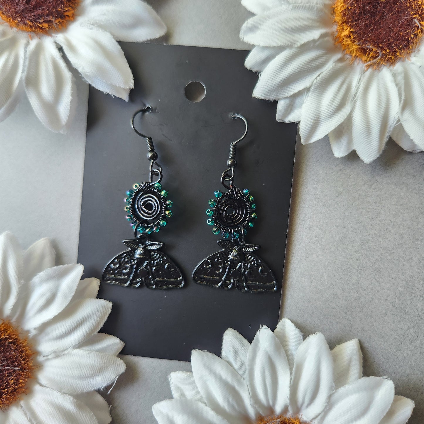 Black Plaited Spiral Teal Blue Beaded Wire Wrapped Earrings with Moon Phase Moth Charms