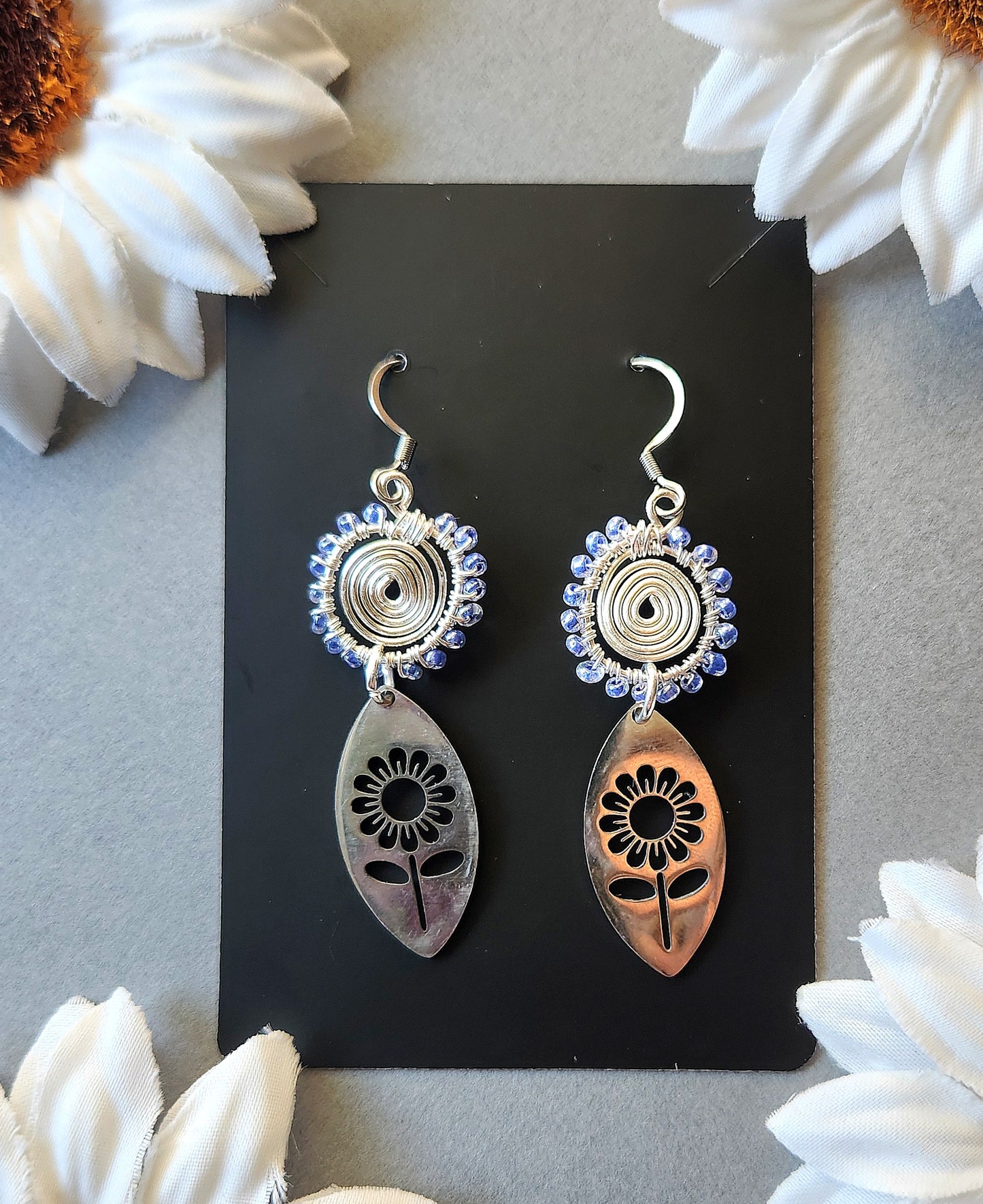 Silver Spiral Lilac Beaded Wire Wrapped Earrings with Sunflower  Charms